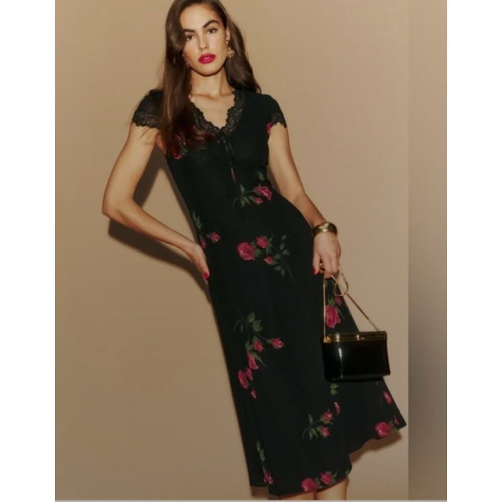 Reformation Tiffie Dress Black with Rose Floral Print 2